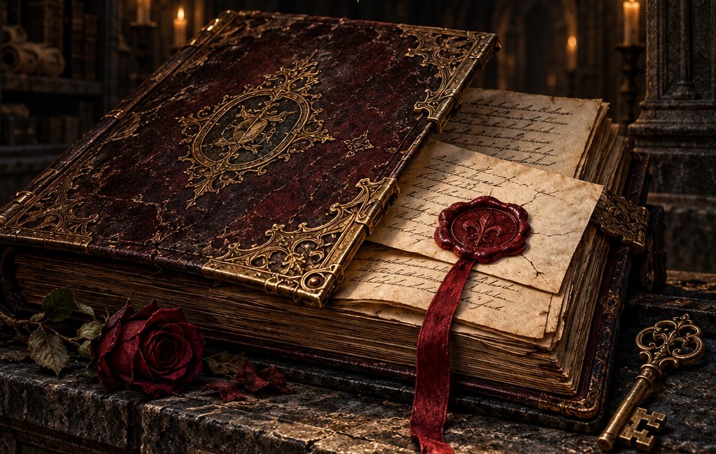 Um livro antigo com uma carta selada e uma rosa vermelha